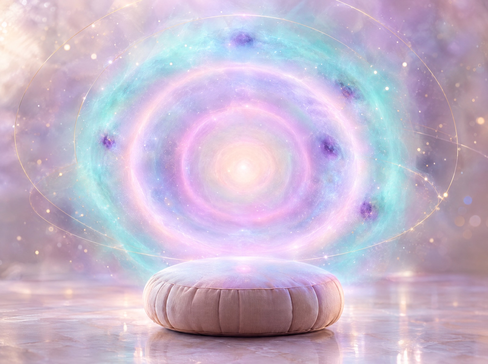 Inele de lumină lila, turcoaz și roz deasupra unei perne de meditație – Citirea câmpului energetic