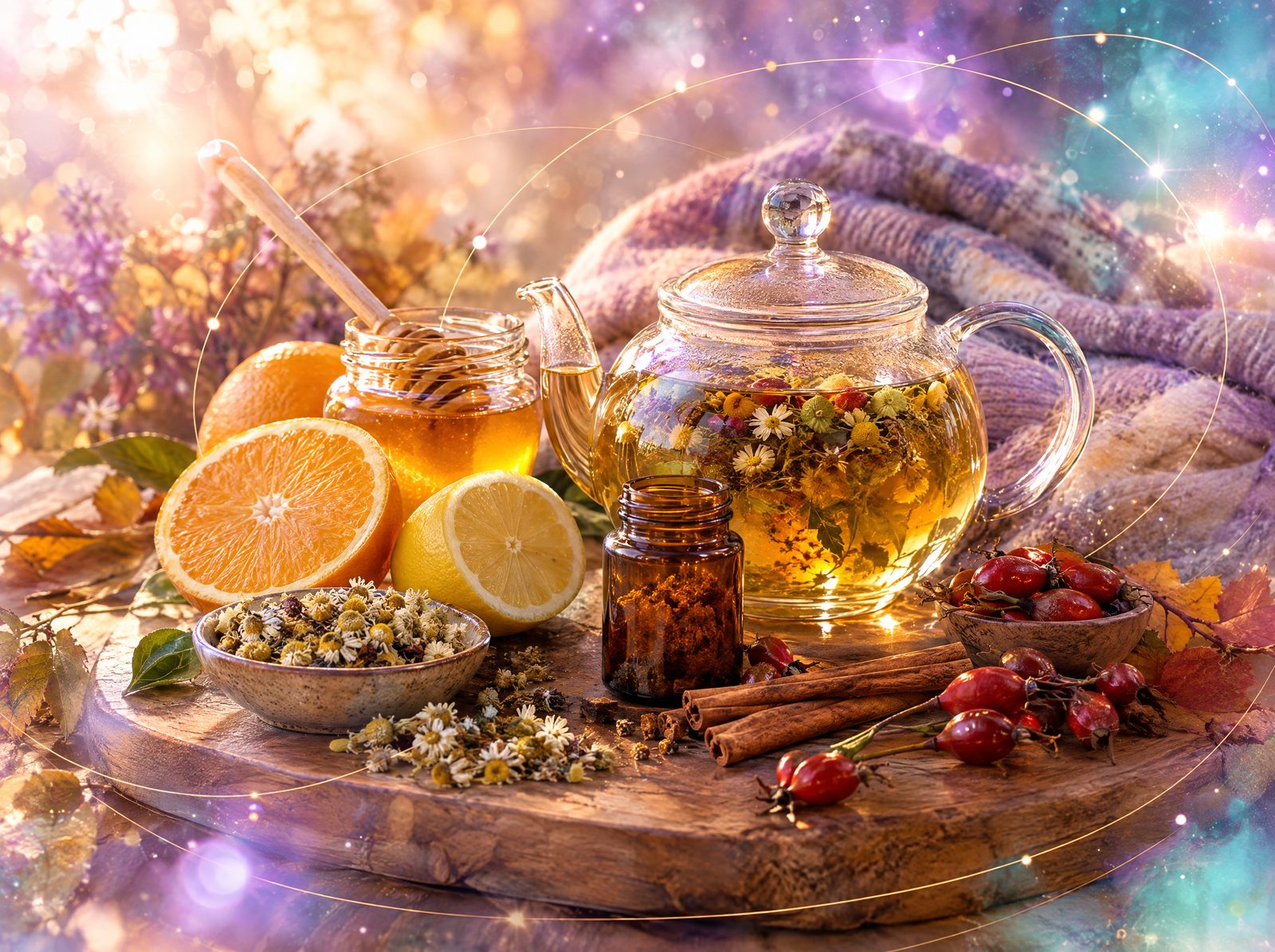 Infuzii de plante, miere, citrice, borcan de propolis și pătură de lână în lumină caldă de toamnă