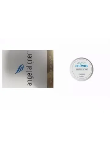 Angel Aligner box next to a tin of aligner Chewies on a white background