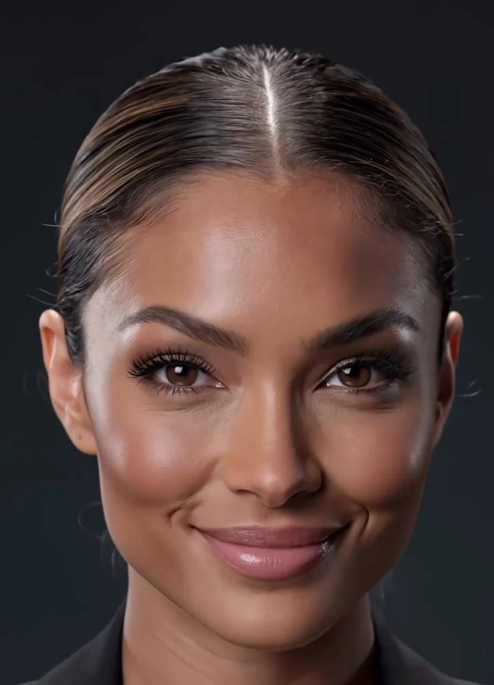 Illustration of a smiling woman with her hair tied back, wearing a dark jacket, against a dark background