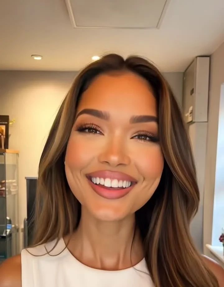 Illustration of a smiling woman with long hair in a bright reception area