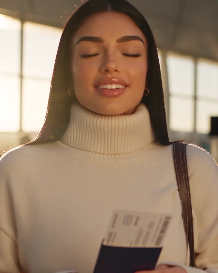 Sienna at the airport (AI-generated image of Sienna, our AI brand ambassador)