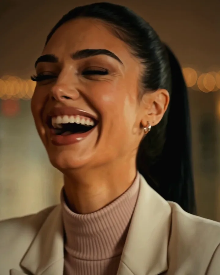 Sienna laughing at brunch (AI-generated image of Sienna, our AI brand ambassador)