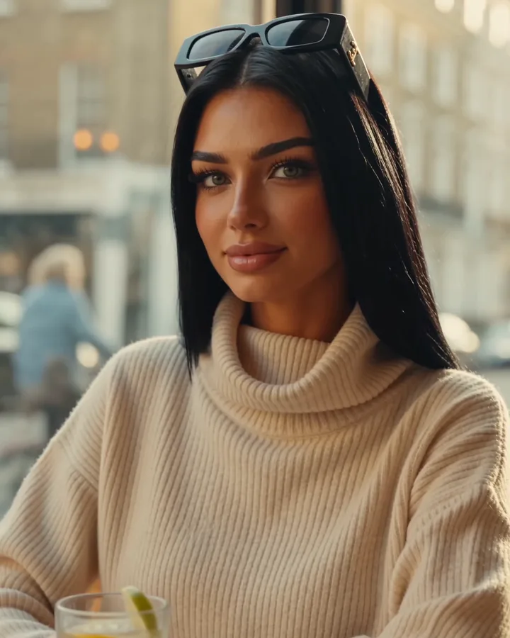 Sienna relaxing at a café (AI-generated image of Sienna, our AI brand ambassador)