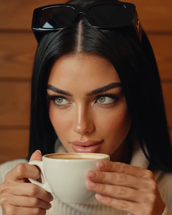 Sienna enjoying a coffee (AI-generated image of Sienna, our AI brand ambassador)