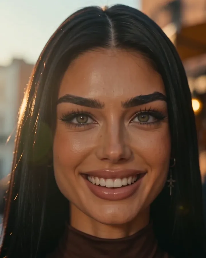 Sienna smiling on holiday (AI-generated image of Sienna, our AI brand ambassador)
