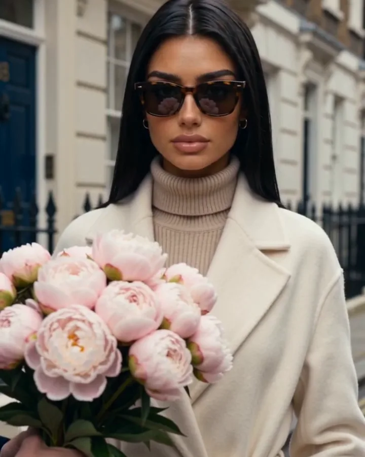 Sienna smiling with a bunch of peonies (AI-generated image of Sienna, our AI brand ambassador)