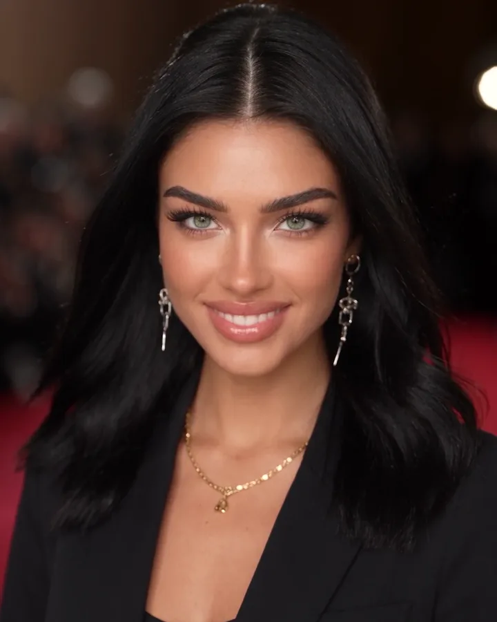 Sienna smiling on a red carpet (AI-generated image of Sienna, our AI brand ambassador)
