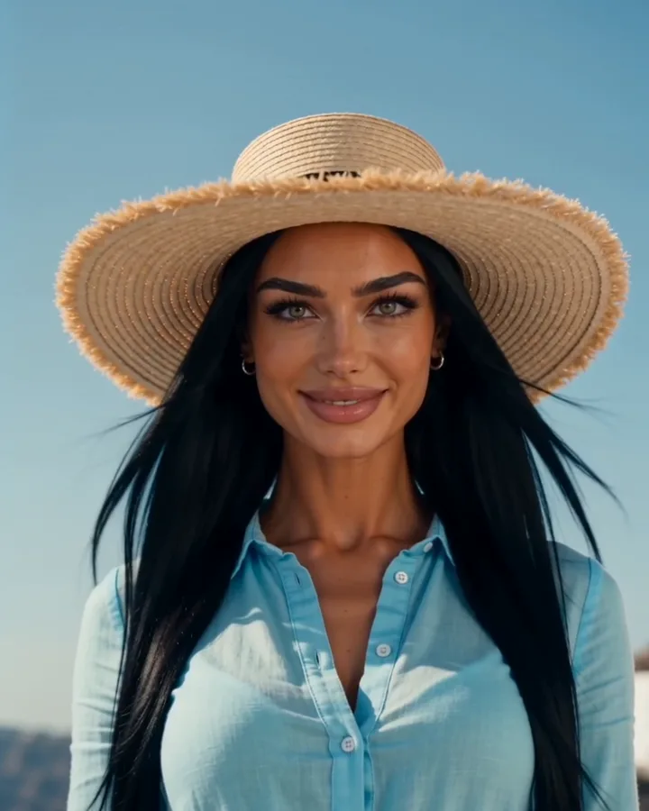 Sienna in a sun hat on holiday (AI-generated image of Sienna, our AI brand ambassador)