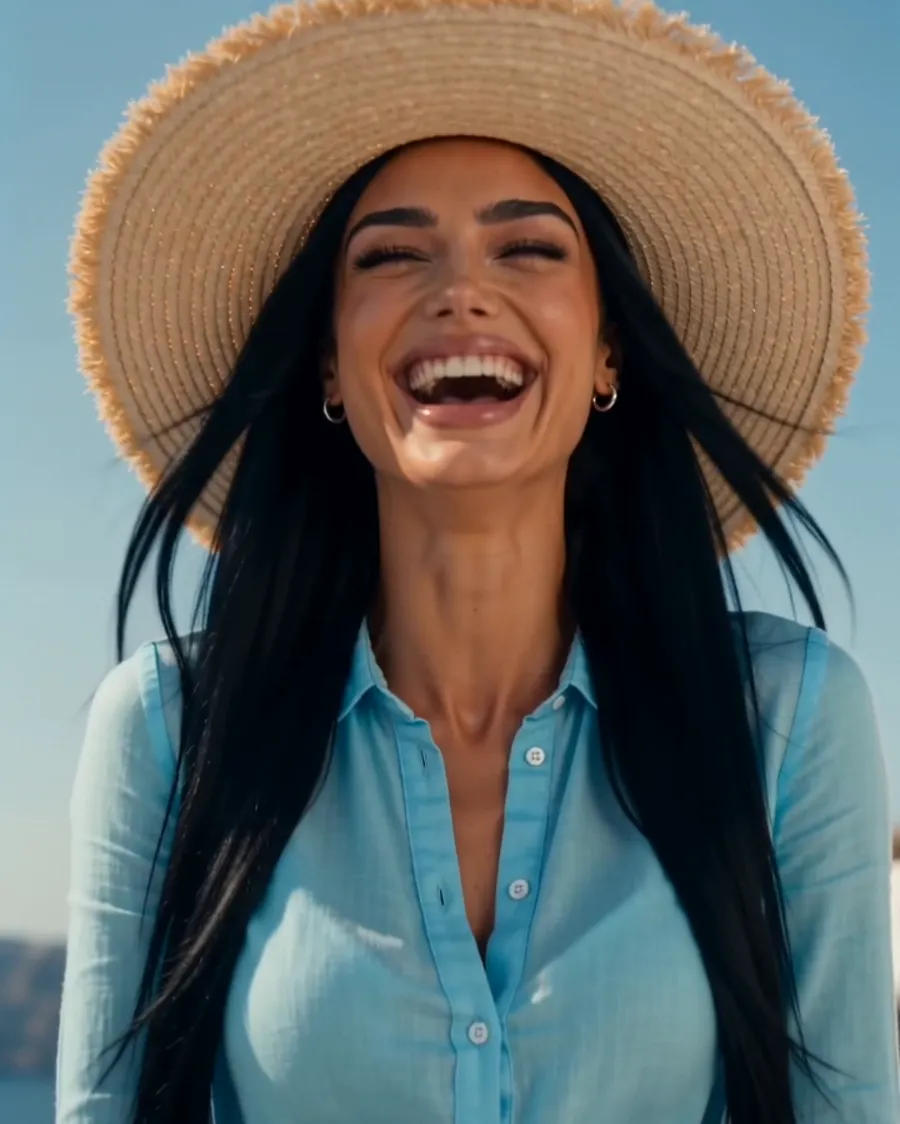 Sienna laughing in a sun hat by the sea (AI-generated image)