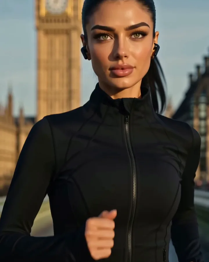 Sienna on a morning run in London (AI-generated image of Sienna, our AI brand ambassador)