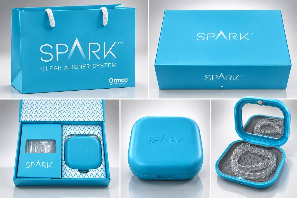 Spark clear aligner products: blue gift bag, presentation box, open box with aligner case, closed case and open case with aligners