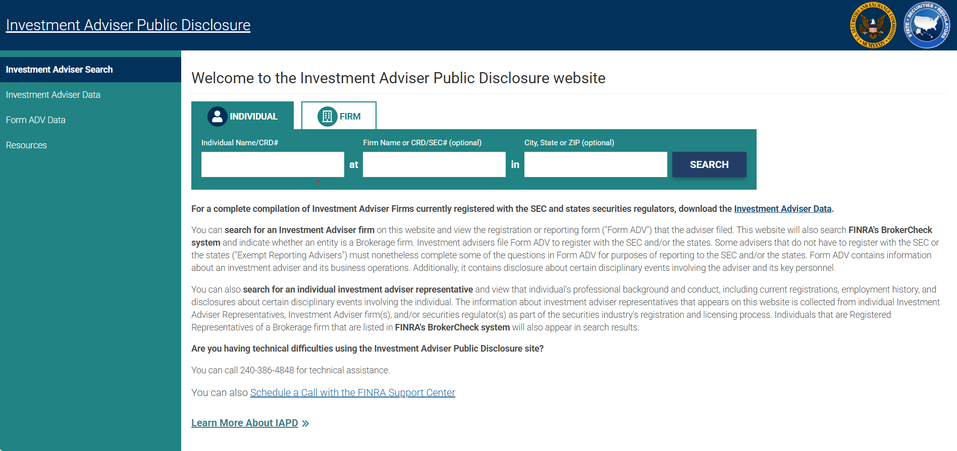 Screenshot of Investment Adviser Public Disclosure