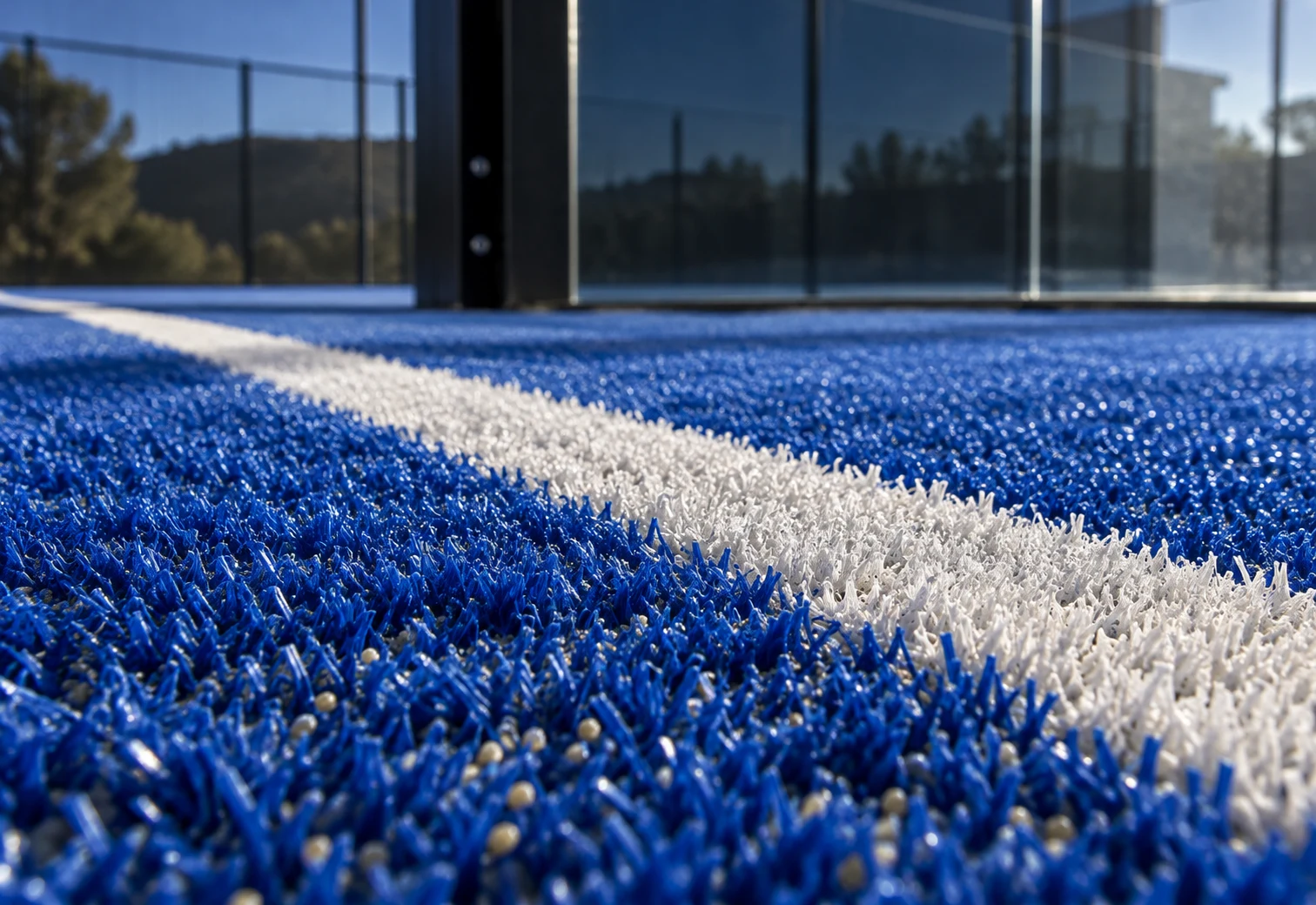 Imagen conceptual de la textura del césped sintético azul y la línea de una cancha