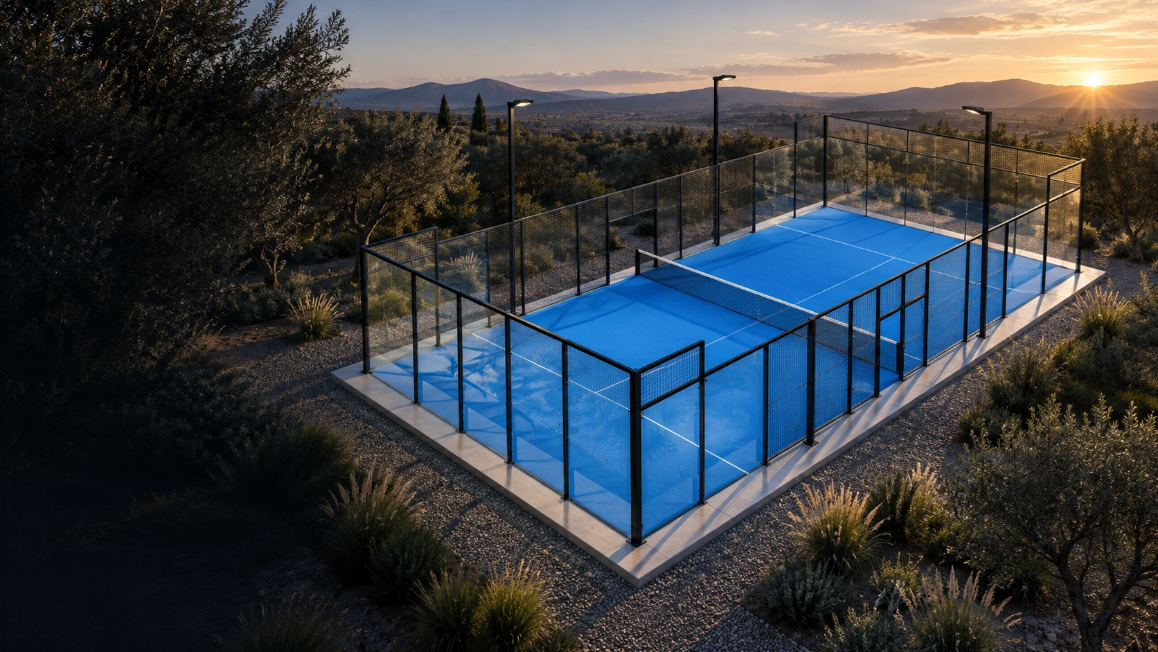Visualización conceptual de una cancha de pádel azul con cerramiento de vidrio al atardecer
